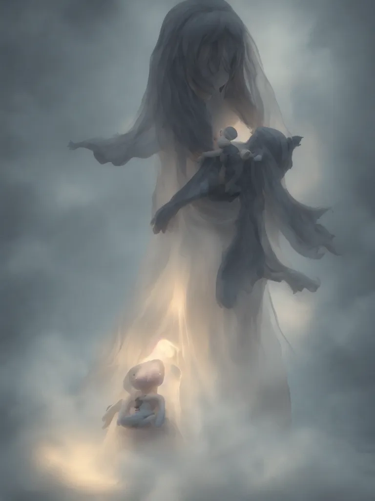 Image similar to cute fumo plush of a cursed frail witch girl held tight in the arms of a ghost, hugging, melting volumetric smoke and fog, environment map pbr reflective stormy water, goth, vignette, vray