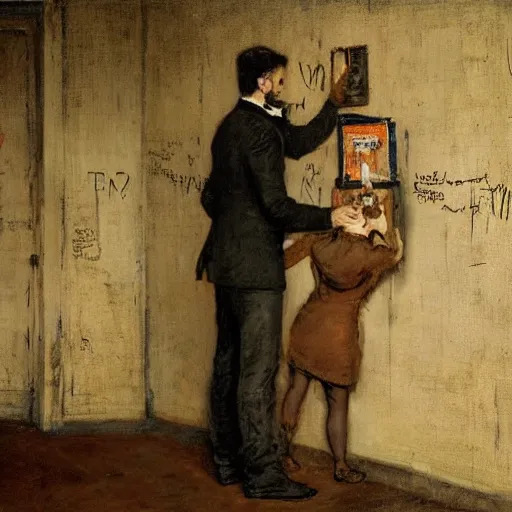 Image similar to a man and a woman solving an escape room puzzle, mysterious markings on the wall, by alfred stevens