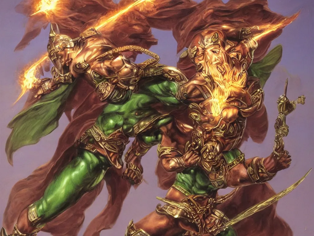 Prompt: full body portrait of a warrior with light armor in winged sandals holding a fireball. Shiny skin and detailed muscles. Original artwork by Boris Vallejo. Award winning, very detailed, dramatic lighting, green and brown color palette