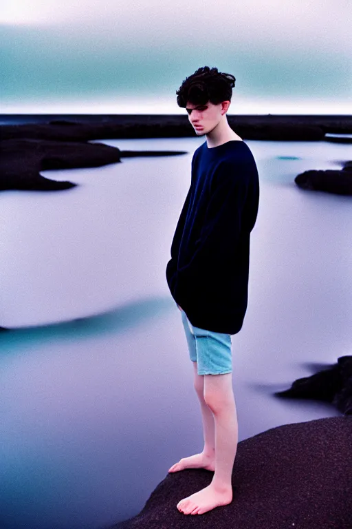 Prompt: high quality pastel coloured film mid angle docu photograph of a beautiful young 2 0 year old male, soft features, short black hair, extremely oversized clothing!!!!! next to icelandic black rock pool environment. atmospheric. three point light. photographic. art directed. ( pastel colours ). volumetric light. clearcoat. waves glitch. 8 k. filmic.