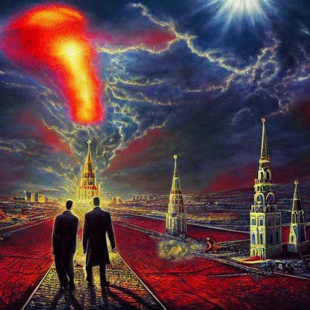 Prompt: scared putin looking in nuclear explotion in moscow, hyper - realistic, sharp focus, depth of field, hyper - detailed visionary art, symmetric, hell, holy halo, dramatic ambient lighting, high detail, vibrant colors,