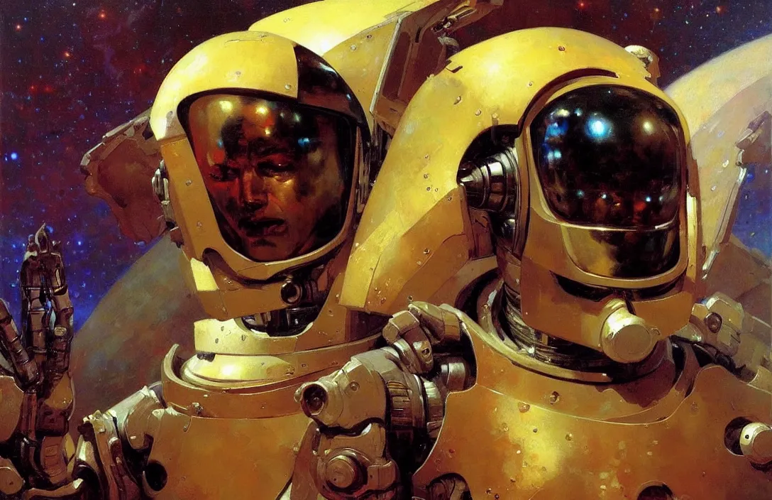 Image similar to portrait of futuristic space robot!!!!!!!!!!!!!!!!!!!!!!!!!!!, detailed face, detailed painting, epic lighting, by ilya repin, phil hale and kent williams