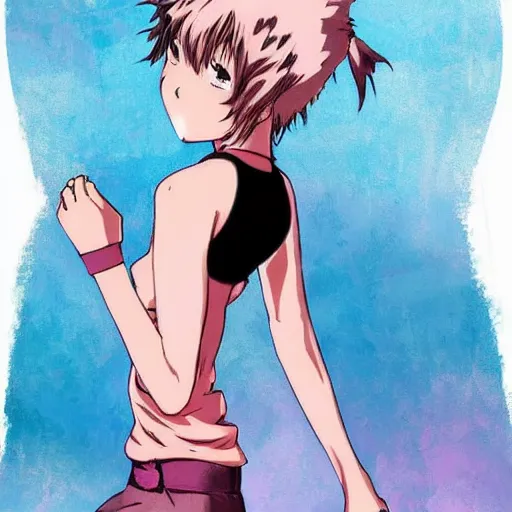 Image similar to anime woman with short pink hair in a bob style, light brown eyes, blue tank top, black pants, waving and smiling, anime art style like princess Mononoke