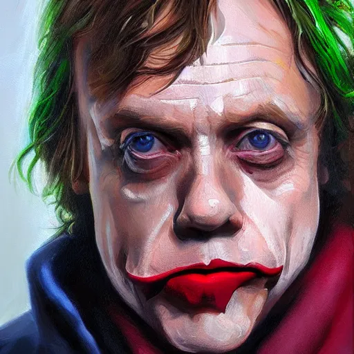 Prompt: oil painting portrait of mark hamill. the joker, jeri robes. artgerm, artstation, highly detailed, portrait