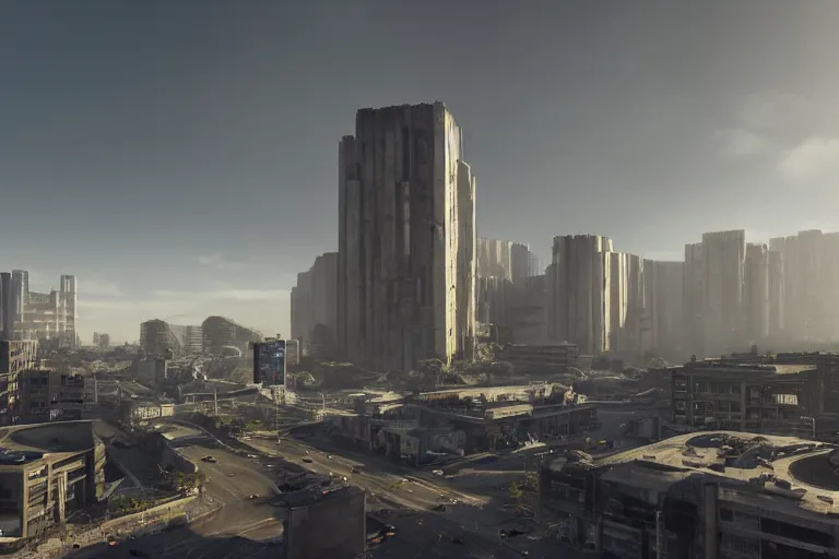 Image similar to streetscape, a towering cathedral of brutalist architecture, buildings covered with greebles, stunning volumetric light, sunset, metal, concrete and translucent material, stunning skies, majestic landscape, trending on Artstation, 8k, photorealistic, hyper detailed, unreal engine 5, IMAX quality, cinematic, epic lighting, in the style of Greg Rutkowski