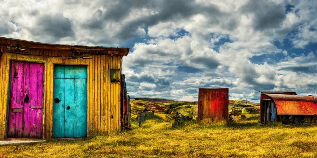 Prompt: An epic wide shot of a surreal landscape of vibrant rolling hills with doors of various shapes, sizes and colors, wood, peeling paint, metal, fantasy, summer