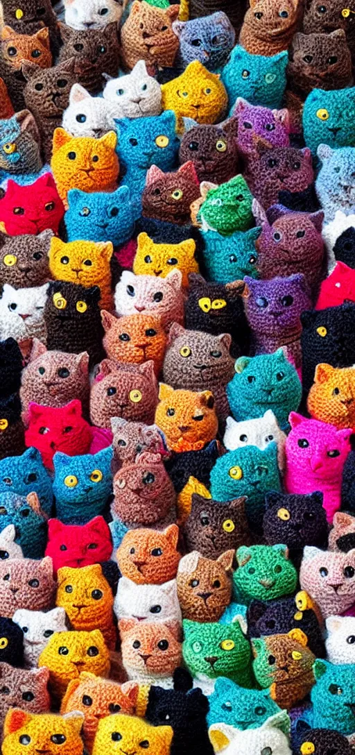 Prompt: multicolored crocheted cats, 2 0 2 0 s catalogue photo,
