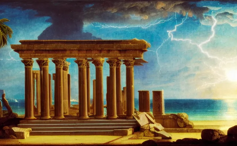 Image similar to Doric temple on front of balustrade and palace columns, refracted lightnings on the ocean, thunderstorm, tarot cards characters, beach and Tropical vegetation on the background major arcana sky and occult symbols, by paul delaroche, hyperrealistic 4k uhd, award-winning, very detailed paradise