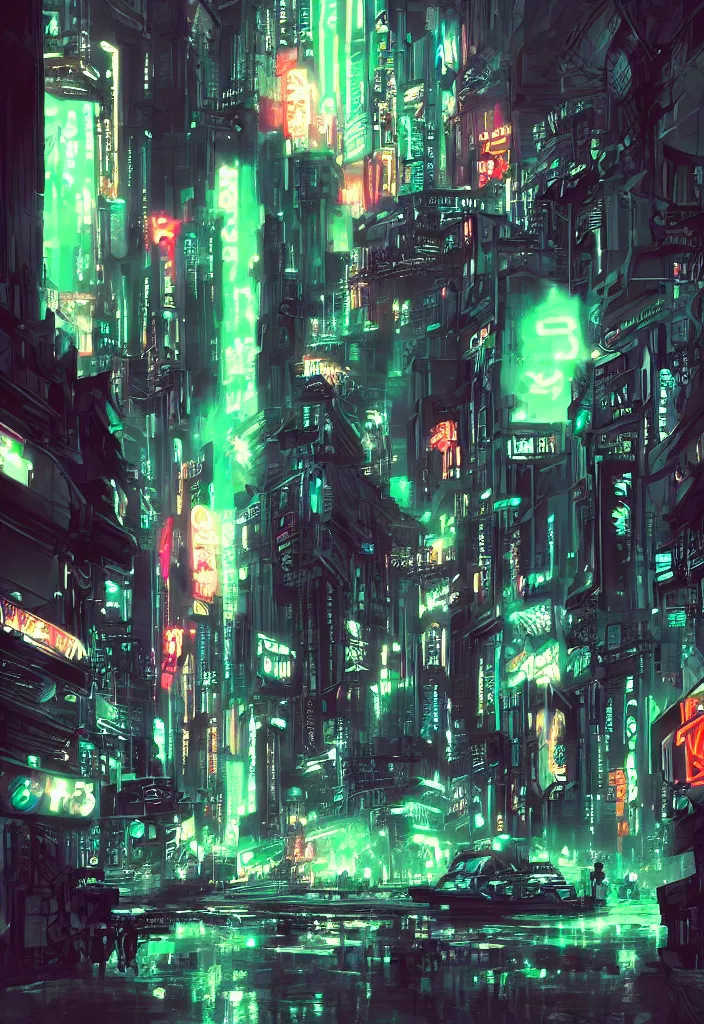 Image similar to concept art of a magnificent dark neon futuristic cyberpunk city bustling street at night cyberart in the style of liam wong