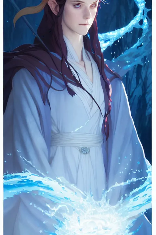 Image similar to elvish female sorcerer doing water magic spells, blue robes, red hair, finely detailed perfect face, exquisite details, mid view, design on a white background, by studio muti, greg rutkowski makoto shinkai takashi takeuchi studio ghibli