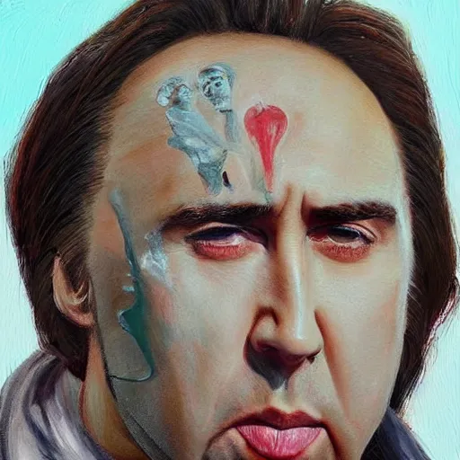 Image similar to Nick Cage crying tears along his face, highly detailed painting