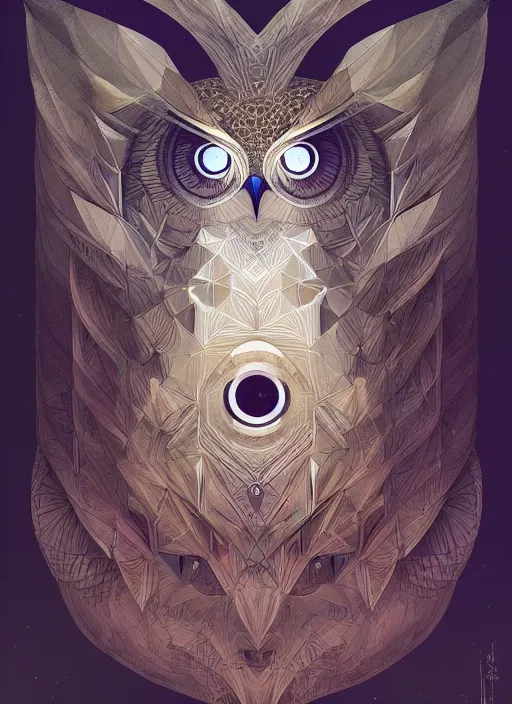 Image similar to portrait of a geometric owl, identical eyes, medium shot, illustration, full body made of white feathers, symmetrical, art stand, super detailed, cinematic lighting, and its detailed and intricate, gorgeous, by peter mohrbacher