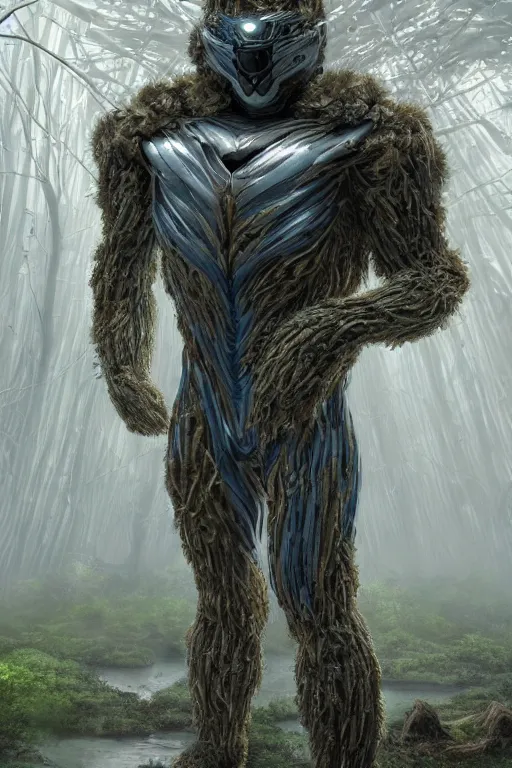 Image similar to Crysis Nanosuit worn by a fluffy teddybear without an helmet, a forest with rays of light coming through the canopy, masterpiece, dystopian, sci-fi, extremely detailed, digital painting, sculpted in zbrush, artstation, concept art, smooth, sharp focus, illustration, chiaroscuro lighting, golden ratio, incredible art, artgerm, greg rutkowski, alphonse mucha, simon stalenhag, carravaggio