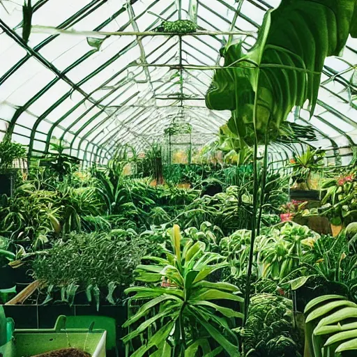 Prompt: dreamy and grainy photo of a green house filled with tropical plants