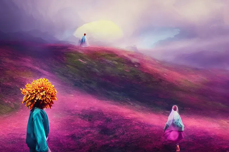 Prompt: giant dahlia flower crown under head, girl walking on mountain, surreal photography, blue storm clouds, dramatic light, impressionist painting, digital painting, artstation, simon stalenhag