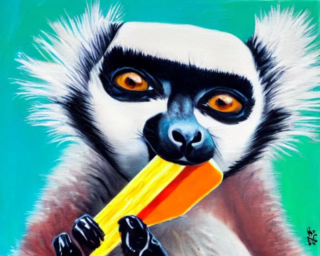 Image similar to a bright happy juxtapoz oil painting of a lemur eating a popsicle