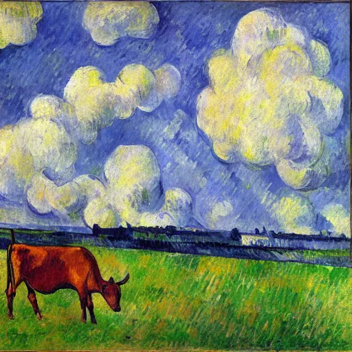 Prompt: a cow is running in the sky, post - impressionism, cezanne, gaugin, van gogh, seurat, - h 1 0 2 4