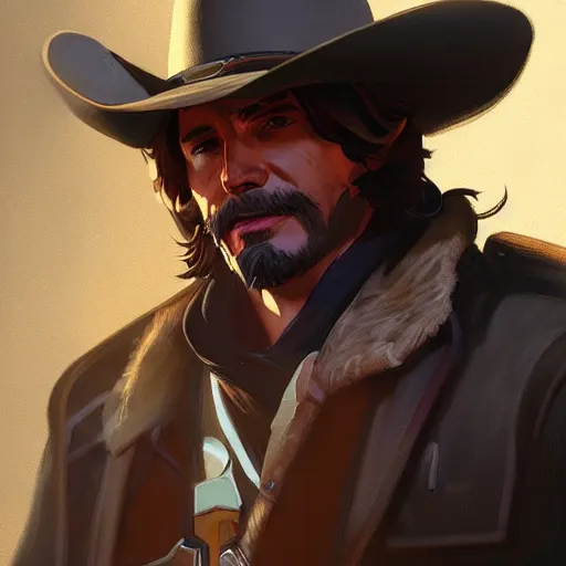 Image similar to Portrait of Mccree from Overwatch ,highly detailed, digital painting, artstation, concept art, sharp focus, illustration, art by greg rutkowski and alphonse mucha