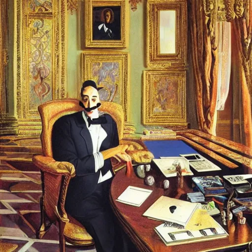 Prompt: Opulent and grand vision of wealthy business magnate, sitting in his office. Very detailed, realistic, stretched perspective, rich and vibrant colors. wide angle. Wealth and power mood. bright and direct lighting. oil painting by Salvador Dali