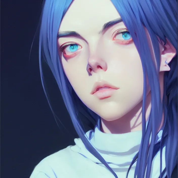 Image similar to a potrait of billie eilish as an anime, fine details, night setting, realistic shaded lighting poster by ilya kuvshinov katsuhiro, artgerm, jeremy lipkin and michael garmash, unreal engine 5, radiant light, detailed and intricate environment