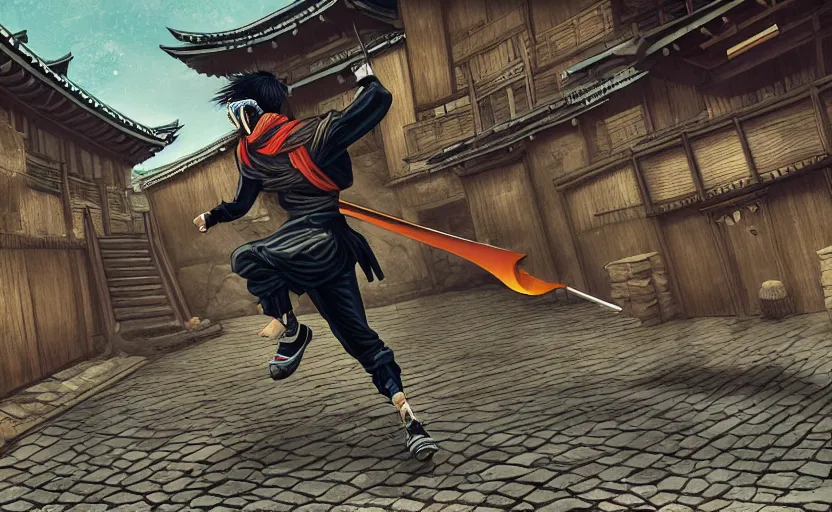 Image similar to highly detailed, high contrast digital illustration of ninja shinobi running parkour, in the in old, japanese village from sengoku period, cinematic lighting, raytracing, volumetric lighting