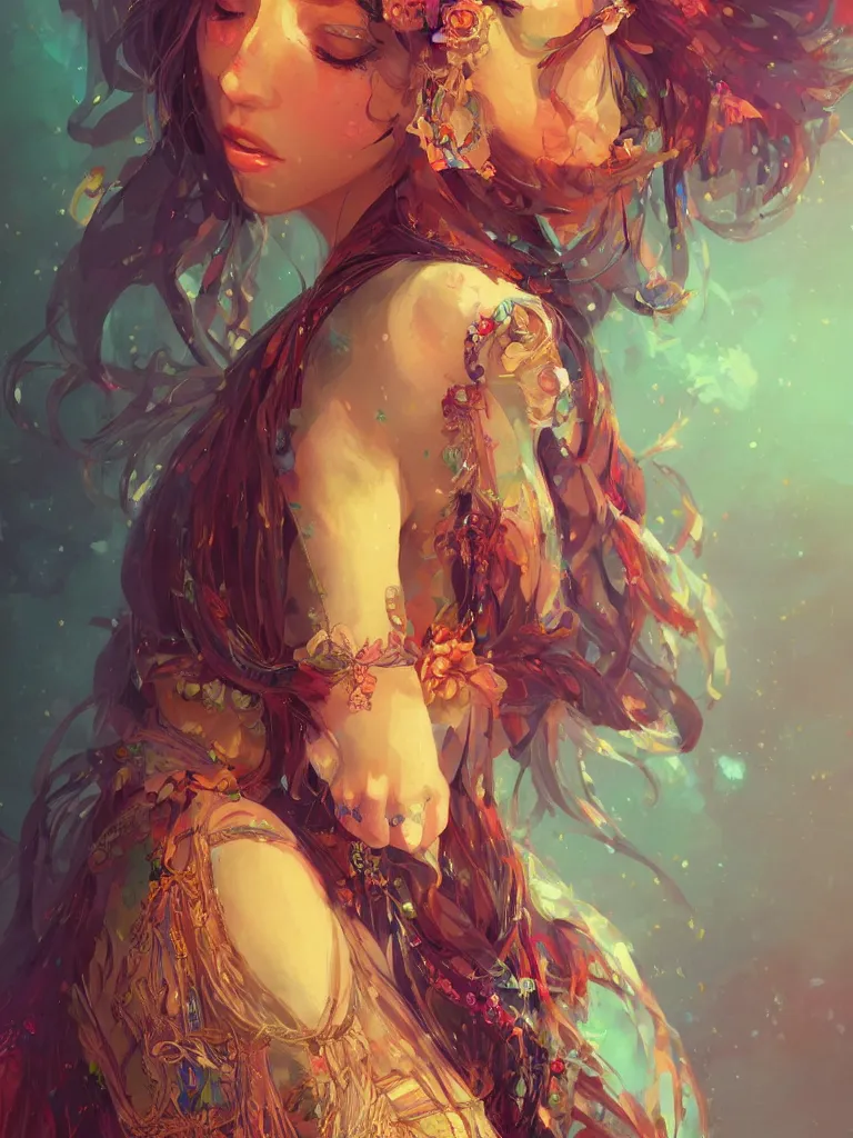 Image similar to a beautiful bohemian girl, intricate, highly detailed, digital painting, Pixiv, Artstation, official media, anime key visual, concept art, rich vivid colors, ambient lighting, sharp focus, illustration, art by WLOP