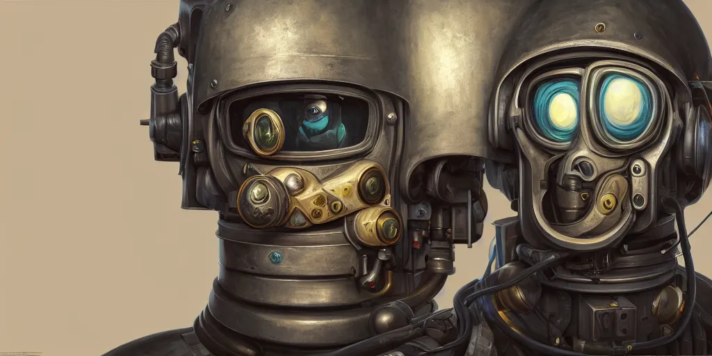 Image similar to highly detailed portrait painting of welder, window, perfect symmetrical eyes, bionical prosthesis, by eddie mendoza and tyler edlin, 8 k resolution