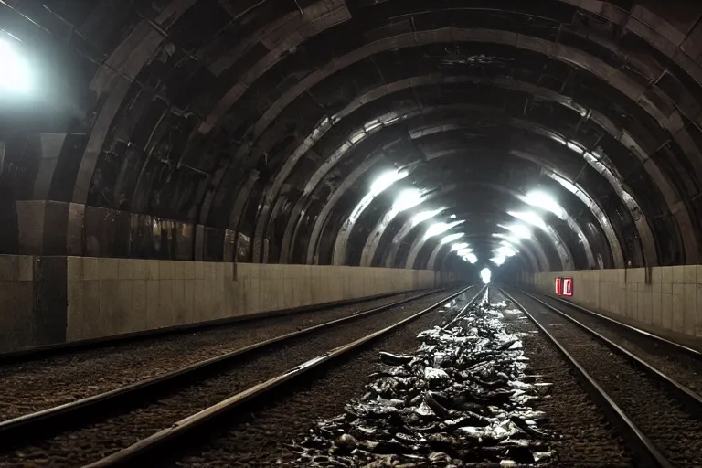 Image similar to very large giant mutant zombie irradiated ( angry rat ) staying on railways in tonnel of moscow subway. giant rat. 4 k, very realistic. extreme long shot, low dark light, scary mood, anish kapoor, herman nitsch.