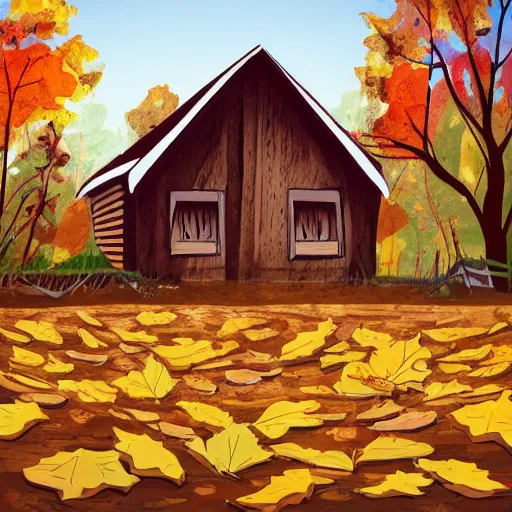 Prompt: autumn with fallen leaves, some wooden barrels outside the wooden house, the setting sun shines on the house and the ground, warm yellow tones, ilustration