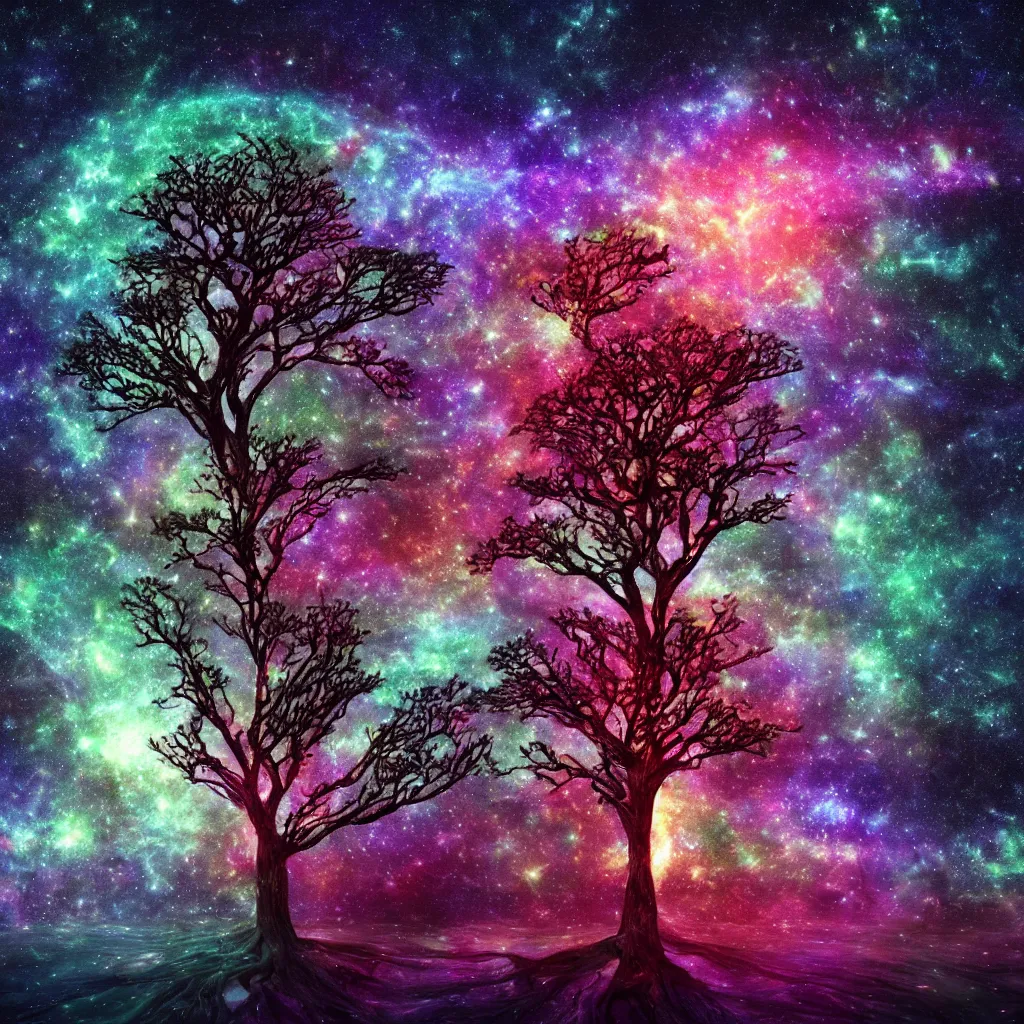 Image similar to tree of life, Cosmic tree of life, trees, Tree in a galaxy made of stars, space, nebulas stars Dmt Psychedelic cosmos, cosmic, Hallucination, night sky; 8k, artstation, unreal engine, octane render, hdr, surrealistic, hyperrealism, glow, photorealistic, volumetric lighting, Dreamy, dynamic, mystical