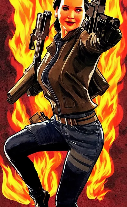 Prompt: Rafael Albuquerque comic cover art, Jennifer Lawrence with guns, smile, direct gaze, brown leather jacket, jeans, full body, building on fire, cool colors, detailed, 4k