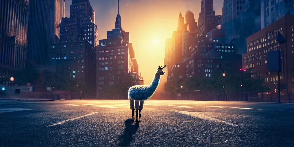 Image similar to a llama walking through a desolate manhattan city street at night, statue of liberty seen in the background, realistic 4 k octane beautifully detailed render, 4 k post - processing, highly detailed, detailed face, intricate complexity, epic composition, magical atmosphere, cinematic lighting, masterpiece, color picture, ultra hd