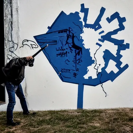 Image similar to jack white spraying graffiti over a map of yugoslavia