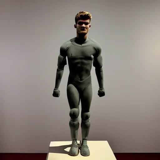 Image similar to a realistic detailed photo of a guy who is an attractive humanoid who is half robot and half humanoid, who is a male android, soccer player timo werner, shiny skin, posing like a statue, blank stare, in a living room, on display, showing off his muscles