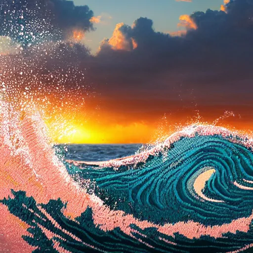 Image similar to a closeup photorealistic photograph of a happy knitted tiger hippopotamus riding a large wave during sunset. surf in the background. professional capture. brightly lit scene. this 4 k hd image is trending on artstation, featured on behance, well - rendered, extra crisp, features intricate detail, epic composition and the style of unreal engine.