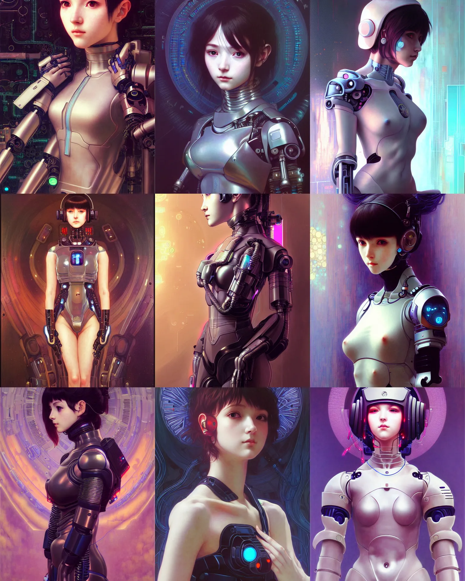 Prompt: portrait of beautiful cute cyberpunk maiden girl in medical mechanical armor, high details, art by ( ( ( kuvshinov ilya ) ) ) and wayne barlowe and gustav klimt and artgerm and wlop and william - adolphe bouguereau