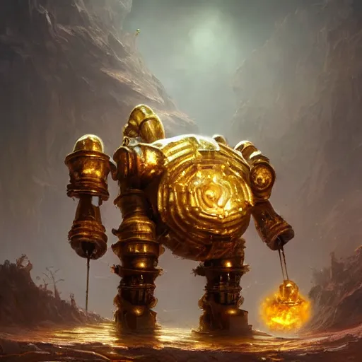 Image similar to a Steam powered mechanical golem in golden plate armoring, forward facing angle, concept art, character design, stunning 3d render , art by Tooth Wu and justin gerard and Blizzard studios, dim volumetric lighting, 8k octane beautifully detailed render, post-processing, extremely hyperdetailed, intricate complexity, epic composition, grim yet sparkling atmosphere, masterpiece, trending on artstation