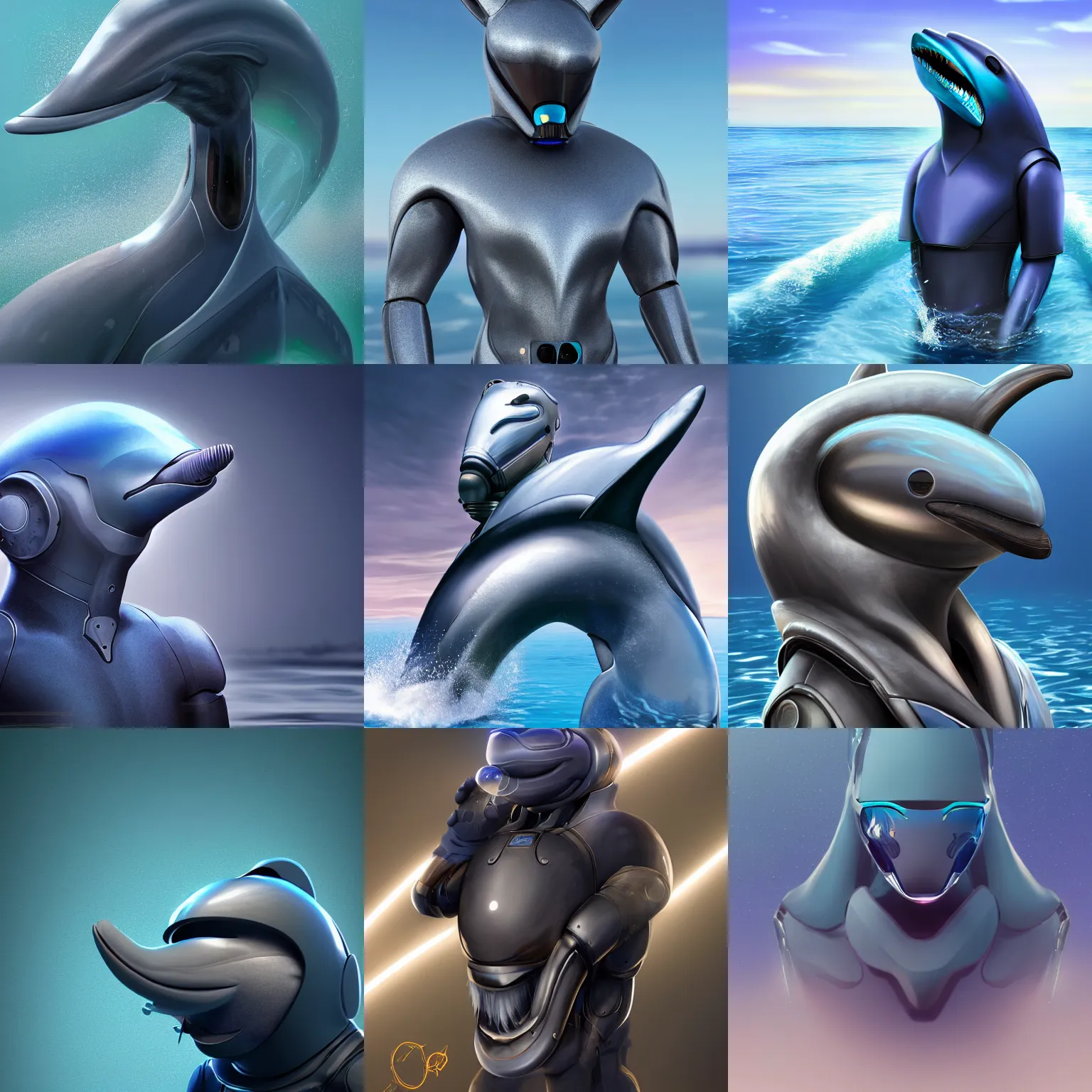 Prompt: very very beautiful furry art, male robotic anthro dolphin, synthetic cetacean hybrid android, face covered by dark opaque visor, wide bottlenose snout below visor, smooth round shapes, all dark blue metal, commission on furaffinity, cgsociety, octane render, sea in background