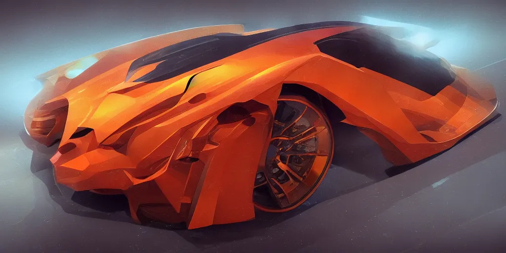 Image similar to full view of a car, painted in orange holographic pearlescent, elegant, digital painting, concept art, smooth, sharp focus, art style from Wang Ke and Greg Rutkowski and Bruce Kaiser and Scott Robertson and Dmitry Mazurkevich and Doruk Erdem and Jon Sibal, small style cue from Blade Runner