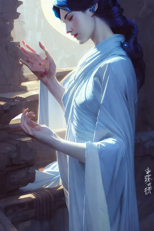 Prompt: temple, taoism, blue tint, painting by greg rutkowski, j. c. leyendecker, artgerm