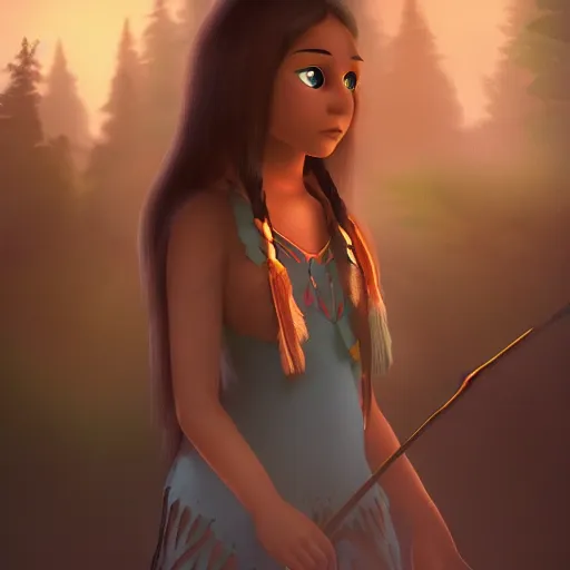 Image similar to medium shot native american girl, in a dark forest, mysterious, backlit, still from a pixar dreamworks movie, trending on artstation