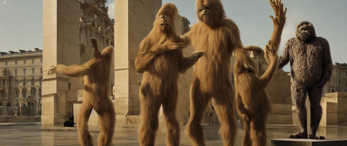 Image similar to accidentally wes anderson award - winning photograph of yeti and bigfoot visiting louvre, accidental renaissance, golden ratio, fibonacci composition, 4 k, detailed, art by greg rutkowsky, trending on artstation, cinematic lighting, filmic grain, golden hour, detailed, 4 k