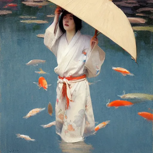 Prompt: girl in kimono, koi fish flying around her, jeremy lipking, joseph todorovitch