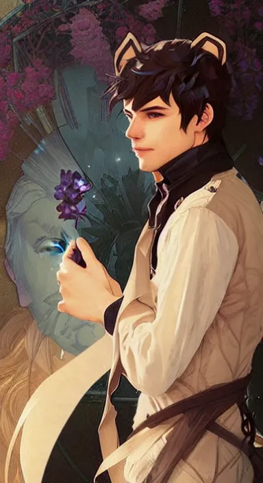 Image similar to Portrait of a cute stylish mage in his twenties with cat ears. Art by Greg Rutkowski and Alphonse Mucha