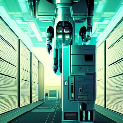 Image similar to hyperrealism stock photo of highly detailed stylish robot in futuristic sci - fi style by gragory crewdson and vincent di fate in the detailed data center by mike winkelmann and laurie greasley