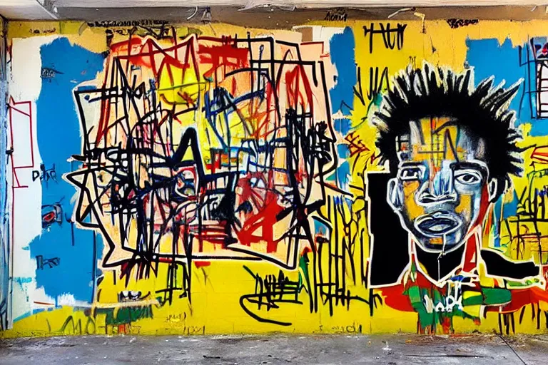 Prompt: basquiat bitcoin graffiti mural