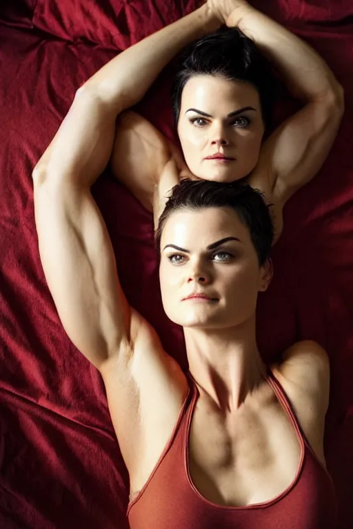 Image similar to realistic photograph. warrior woman, 2 7, in her bedclothes. tight white tanktop shows strong feminine figure. loose comfortable red pajama pants. jaimie alexander. delicate jawline. short hair, straight, ravenblack. faircomplected but tan. tall gracile, but thick ripped jacked vascular buff muscular arms and large ample bust.