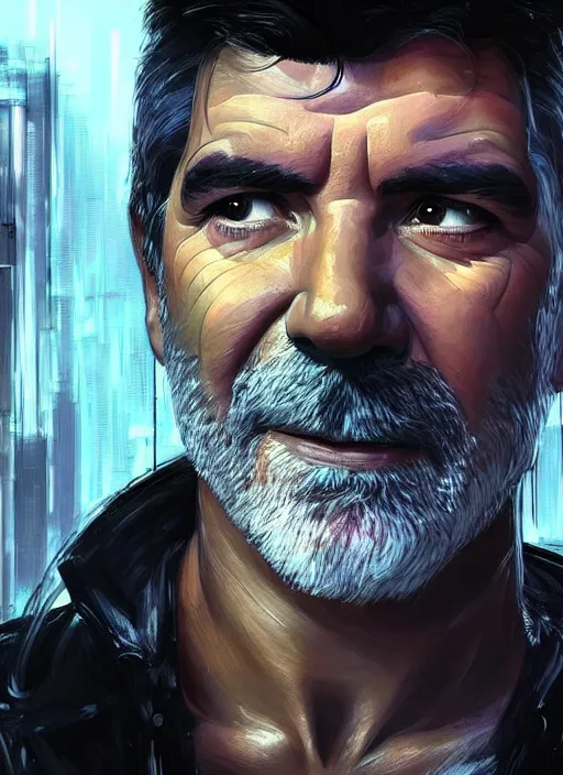 Image similar to portrait of Simon Cowell as a homeless character in Cyberpunk 2077, looking at camera, intricate, dystopian, sci-fi, extremely detailed, digital painting, artstation, concept art, smooth, sharp focus, illustration, intimidating lighting, incredible art by artgerm and greg rutkowski and alphonse mucha and simon stalenhag