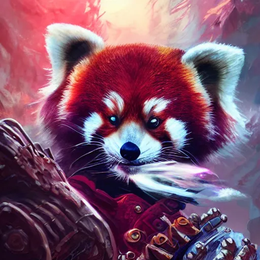 Prompt: red panda as warhammer character, digital illustration portrait design, by android jones and greg rutkowski, retrowave color scheme, detailed, cinematic lighting, wide angle action dynamic portrait