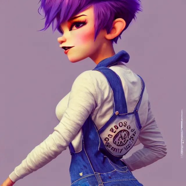 Image similar to full body pose, beautiful adult fairy, pixar, short white hair shaved sides, dirty, grungy, grunge, long sleeve, painted overalls, stacks of giant books, highly detailed, 4 k, hdr, smooth, sharp focus, high resolution, award - winning photo, artgerm, photorealistic